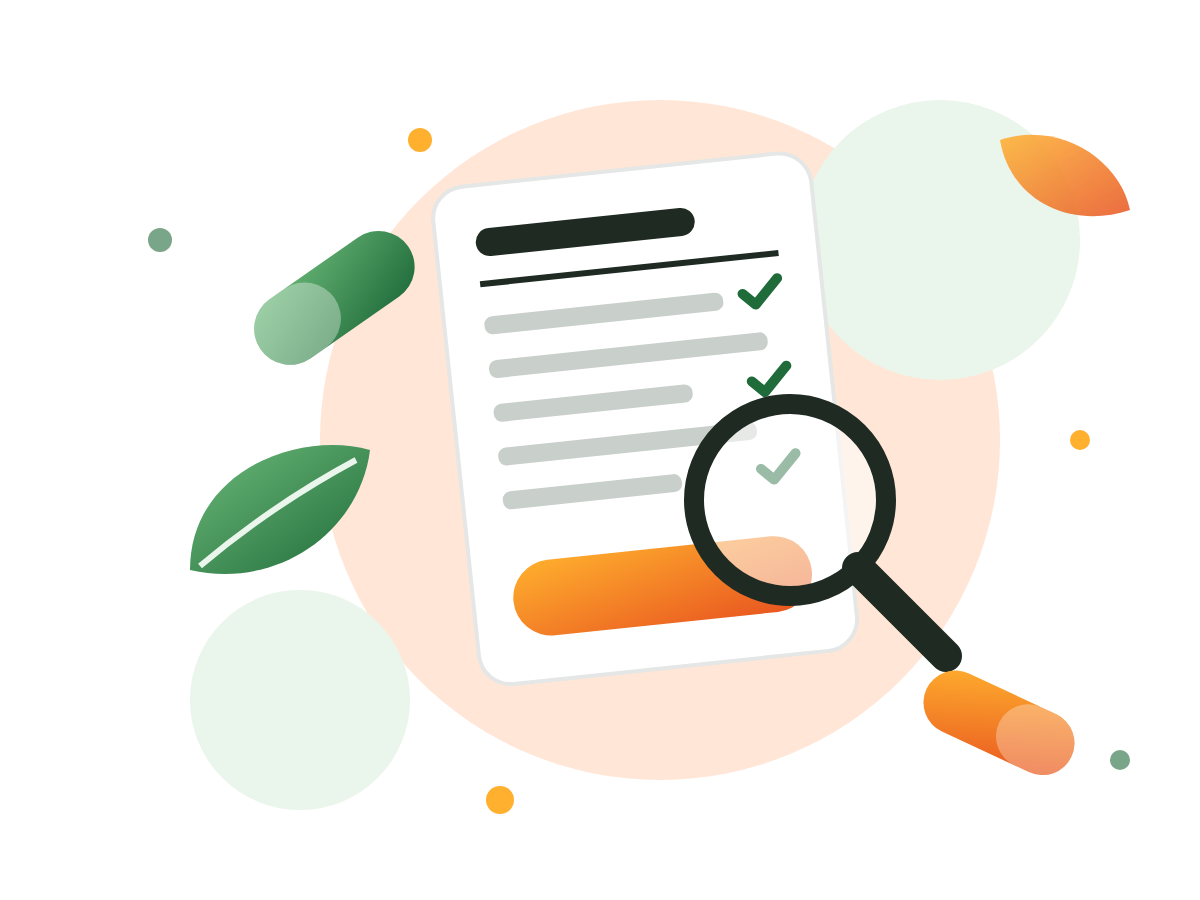 Illustration of a supplement label being checked with a magnifying glass